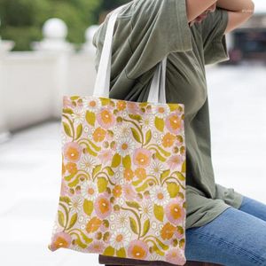 Alışveriş çantaları çiçek desen kadın çanta plajı tema çevre dostu bez çanta büyük kapasite yeniden kullanılabilir omuz bakkal katlama
