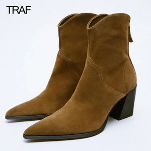 Traf marrom botas de tornozelo mulher salto alto cowboy chelsea tornozelo botas mulher inverno moda elegante das mulheres de couro curto bota de neve 240130