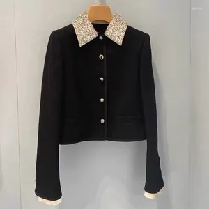 Kvinnans jackor 2024 Spring Autumn Korean Style Fashion Women High Quality Diamonds Collar Black Tweed Short Coat F207