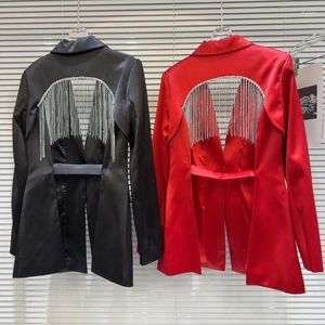 Kvinnors kostymer PREPOMP 2024 Spring Collection Back Rhinestone Chain Tassels Backless Blazer Jacket Women Coat GP280