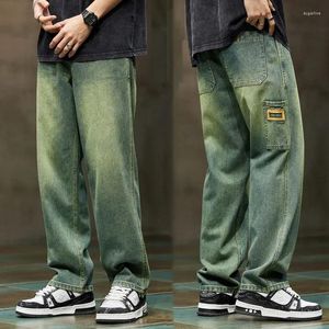 Jeans masculinos perna larga homens baggy calças verão corte reto solto retro azul denim streetwear moda bolsos vintage homem roupas