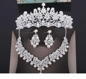 Högkvalitativ bröllopskrona Brudhuvud Pearl Tiara smycken Kvinnor Hårtillbehör Set Silver Headpiece Big Pageant Crown J193756926