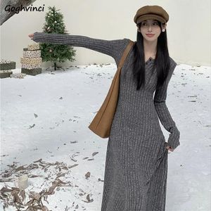 Sıradan elbiseler örgü uzun kadınlar Kore moda o boyun boyun düğmesi gevşek vintage klasik A-line sokak kıyafeti zarif midi ulzgang vestidos