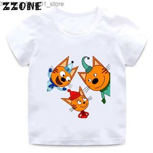 T-shirt Kid-e-cats Three Kitten Russian Cartoon T-shirt per bambini Divertenti vestiti per ragazze T-shirt per neonati Nuovi bambini estivi Topsooo5411 Q240218