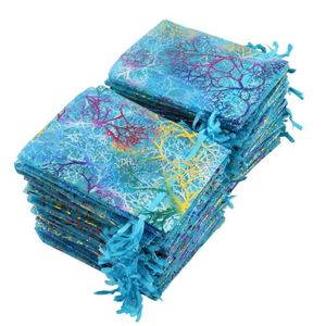 100 peças sacos de organza coral azul 9x12cm pequenos sacos de presente de casamento fofos sacos de embalagem de joias com cordão bolsa259q