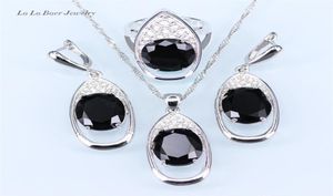 Trendy Big Black stone White Rhinestone Huge Round silver 925 Jewelry Sets For Women Drop Earrings Pendant Necklace Ring207E2389286