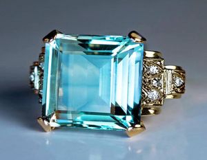 Luxury Female Light Blue Crystal Stone Ring Charm Gold Color Wedding Rings for Women Cute Bride Square Zircon Engagement1209165