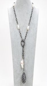 GuaiGuai Gioielli Coltivati Perla di riso bianco CZ Collana con catena di canna di fucile Keshi Perla Cz Pendente a goccia per le donne Vere gemme di pietra La1968385