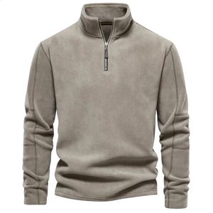 Autumn Winter Mens Polar Fleece Sweater Stand Neck Half Zip Tops Long Sleeve Sweatshirt Male Clothes 240123