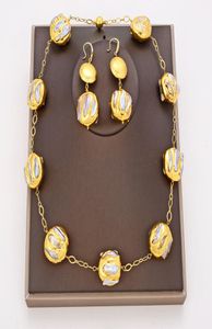 GuaiGuai Schmuck Natürliche Süßwasser Weiße Biwa Perle Münze 24 KT Vergoldet Halskette Ohrringe Sets Handgemacht Für Frauen Echt Jewlery2290733