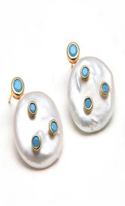 GuaiGuai Jewelry Natural Freshwater Cultured White Coin Pearl Turquoise Blue Cz Pave Gold Plated Stud Earrings For Women7908485