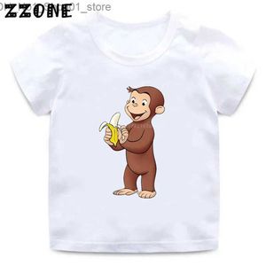 Tシャツ2020新しい夏の男の子Tシャツ好奇心georgeジョージ漫画プリントキッズTシャツ面白い猿の子供ガールズトップ服Q240218