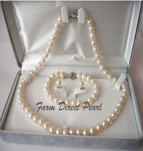 gioielli di perle Collana di perle bianche TONDO 89mm genuino 3 pezzi SET 19quot Chiusura in argento 9257774939