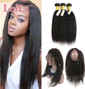 Peruvian Virgin Hair 3 -buntar och 360 spetsar frontal kinky rak före plockat baby hår frontala mänskliga hår wefts med stängning1893095