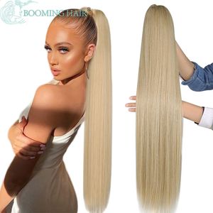 Longo rabo de cavalo reto sintético 32 Polegada cordão fibra resistente ao calor clip-in extensão do cabelo para mulher natural olhando 240122