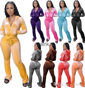 Women Velour Tracksuits Hoodie Sport Two Piece Outfits Pink Velvet Sweatsuits Zipper Pocket Long Sleeve Jacket Bell Wid Leg Pant S1823098