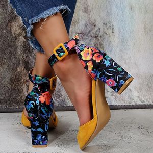 패션 여성 검은 플록 플록 꽃 색상 하이힐 샌들 암컷 펌프 엿보기 발끝 발목 스트랩 플랫폼 신발 35-43 240129