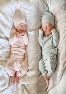 3pcs Infant Newborn Baby Cute Clothes Sets Girls Boys Autumn Warm Harem Pants Waffle Ribbed Solid Unisex Bodysuitselastic Pants K5030689