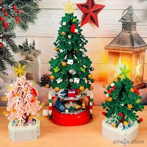 Blocos de construção de árvore de natal, caixa de música com luzes, enfeites de natal, montagem de presente, pequenas partículas para meninas, brinquedos de presente