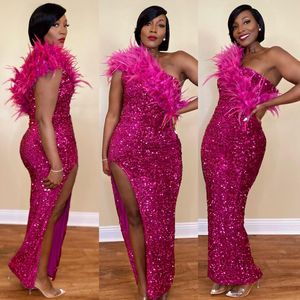 Fucsia plus size aso ebi abiti da ballo sirena una spalla abito da sera piumato abito formale abito da festa di compleanno abiti da fidanzamento secondo reception AM406