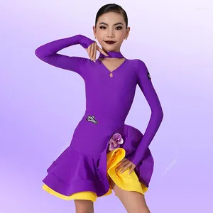 Modelli di abbigliamento da palcoscenico Vestito da concorso di danza latina per ragazze Vestito viola a maniche lunghe Rumba Costume da ballo Abbigliamento da pratica per bambini