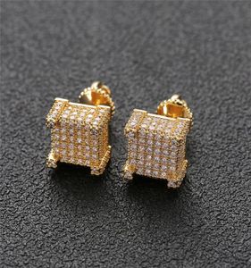 Hip Hop -örhängen för män Guldsilver Iced ut CZ Square Stud Earring med skruv bakåt smycken5894172