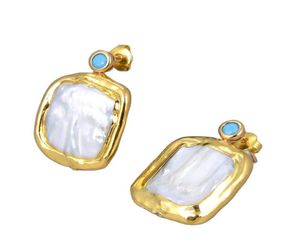 GuaiGuai Jewelry Freshwater Cultured White Biwa Rectangle Pearl Cubic Zirconia Pave Gold Color Plated Stud Earrings For Women geme5192096