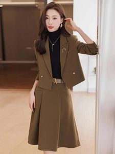 Solid Sweet Office Lady Elegant 2 Piece Set Women Outfits Spring Autumn Vintage Croped Blazer Jacket och Slim Midi kjolar kostym 240202