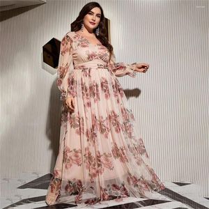 Ubranie etniczne Plus size Abaya Muzułmańskie Eleganckie kobiety Mesh Floral Print Long Maxi Dress Kaftan Evening Party Huśtawka Vestidos Panie