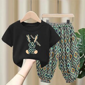 Bebê meninas roupas definir verão dos desenhos animados coelho t-shirts e calças xadrez terno crianças manga curta superior inferior 2 peças roupas 240218