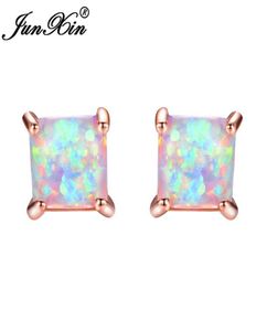 JUNXIN GreenBlueWhite Fire Opal Stud Earrings For Women Rose Gold Filled Square Earrings Princess Cut Birthstone Earring Gifts2854044