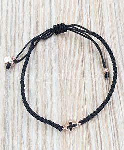 Motif Cross Bracelet In Rose Gold Vermeil With Spinels And Black Cord Authentic 925 Sterling Silver bracelets Fits European bear J8123570