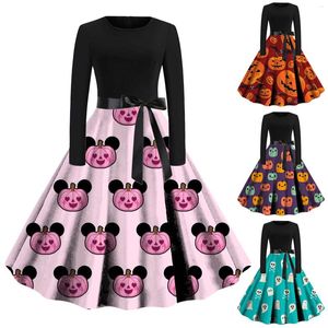 Casual Dresses Robe Gothic Skull Bat Print för kvinnor långärmad cocktailfest halloween klänning vintage rockabilly pin up kväll