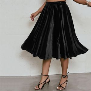Plus Size High Elastic Waist Velvet Skirt Women Solid Black Spring Autumn Midi Party Skirt A-line Flare Skirt Large Size 6XL 7XL 240131
