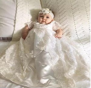Yüksek kaliteli tam dantel kısa kollu fildişi yürümeye başlayan çocuk bebek vaftiz elbiseleri 2019 yeni doğan bebek kızlar ilk cemaat önlükleri6717629