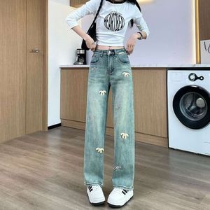 Damen-Jeans, Designer-Jeans, amerikanische, mit Buchstaben bestickte Grafikhose für Damen, lässig, hohe Taille, schmal, gewaschen, Stretch, gerades Bein