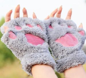 Kawaii süße Damen Winter- und Bären-/Katzen-Plüsch-Pfoten-/Klauenhandschuh – neuartige, halbbedeckte Damenhandschuhe aus weichem Frottee, Weihnachtsgeschenk Y181022109576405