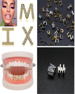 Gold White Gold Iced Out AZ Custom Letter Grillz Full Diamond Teeth DIY Fang Grills Bottom Tooth Cap Hip Hop Dental Mouth Teeth2962120