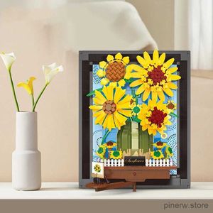 Blöcke Kreative Van Gogh Sonnenblumen Malerei Bouquet Bausteine Sonne Blume 3D Modell Bilderrahmen Hause Dekoration Ziegel Spielzeug Geschenk