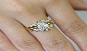 Unik bladdesign 18K Rose Gold and Silver White Sapphire Diamond Wedding Engagement Ring Set Storlek 512276Y6930197