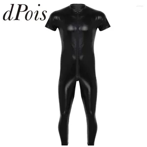 Kvinnors badkläder herrar stretchy faux läder korta ärmar dragkedja grenen full kropp leotard bodysuit klubbkläder kvällsfest män övergripande