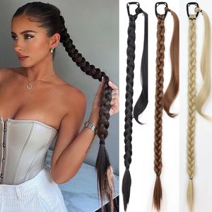 Synthetic Braided Ponytail Extensions Long Black Rubber Band Hairpiece Tail with Hair Tie for Women High Temperature Fiber 240122