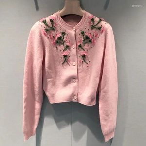 Women's Knits 2024 Autumn/Winter Miu Beaded Cardigan Heavy Industry Embroidered Diamond Pink Versatile Knitwear Top Coat