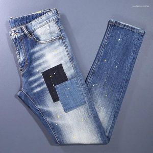 Jeans masculinos rua moda homens retro luz azul estiramento fino ajuste pintado rasgado remendo designer hip hop marca calças hombre