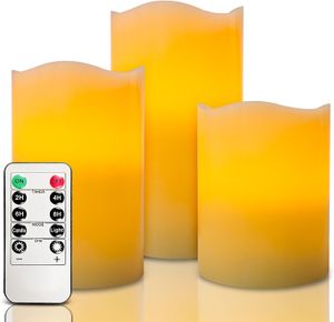 Candele LED senza fiamma, alimentate a batteria, set da 3 candele elettriche tremolanti in vera cera color avorio, con telecomando e funzione timer