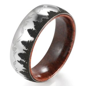 8mm Forest Mountains Scene Ring Wooden Mens Wedding Band Olive Pure Anniversary 240125