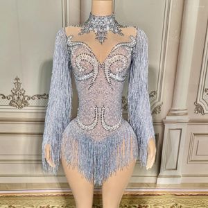 Sahne Giyim Sparkly Rhinestones Uzun Kollu Saçak Bodysuit Kadın Seksi Mesh Performans Dans Kostümü Gece Kulübü Şarkıcı Dansçı