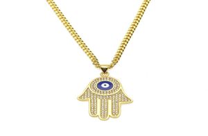New Blue Evil Eye pendant necklaces Hamsa Hand of Fatima Charm Long Cuban chains For womenmen Hip Hop Fashion Jewelry2229242