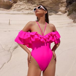 Kvinnors badkläder 2024 Ruffle Halter One Piece Swimsuit Sexiga kvinnor Brasilian från axeln Monokini Badkräkter strandkläder