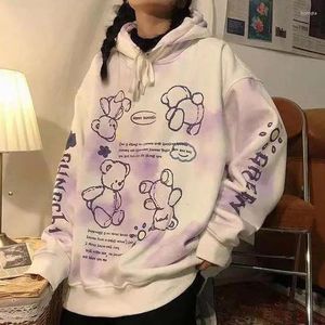 Women's Hoodies 2024 Spring Autumn Pink Cute Bear Print Oversized Sweatshirt Hooded Harajuku Vintage Pullover Teen Clothing Tie Dye Hoodie